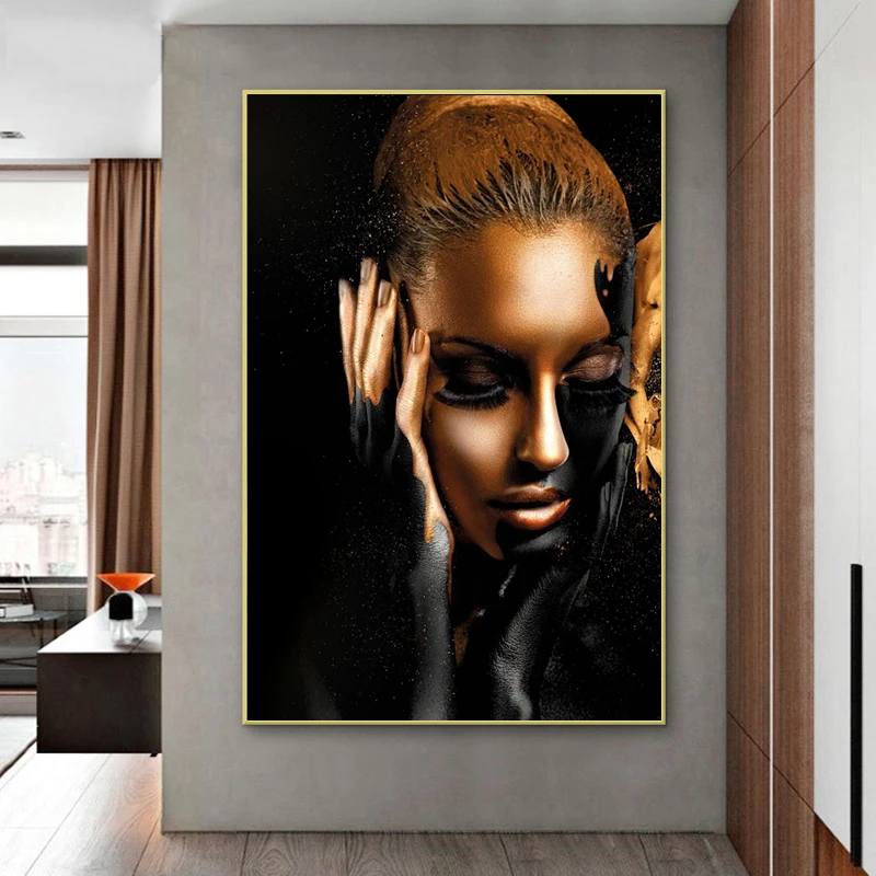 

African Black Sexy Woman with Golden Headdress Canvas Prints and Girls Pictures Canvas Art Posters Paintings on The Wall Art