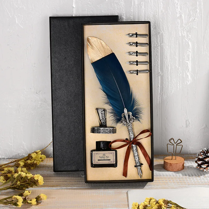 

2022 New 1Set New Calligraphy Feather Dip with 5 Nib Gift Quill Pen Writing Ink Set Gift Box Wedding Fountain Pen Design