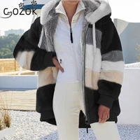 2021 new 5xl loose women hooded jacket warm plush casual hooded coat mixed color patchwork winter outwear zipper ladies coat