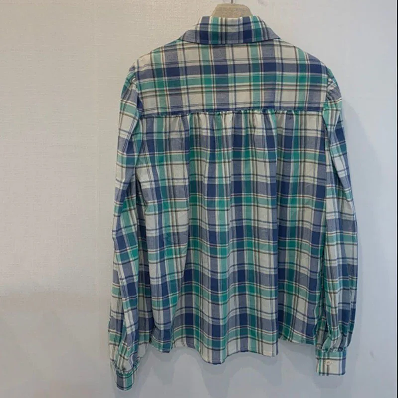 

Sweet Blouse Women 2021 Spring Autumn New Lapel Puff Sleeve Plaid Ruffles Wild Shirts Korean Chic Fashion Loose Blouses