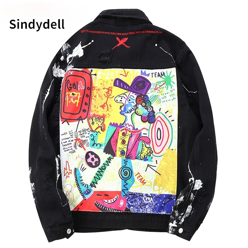 

Hip Hop Graffiti Cartoon Ripped Denim Jackets Mens Casual Distressed Jeans Jacket Coat Streetwear Fashion Male Tops