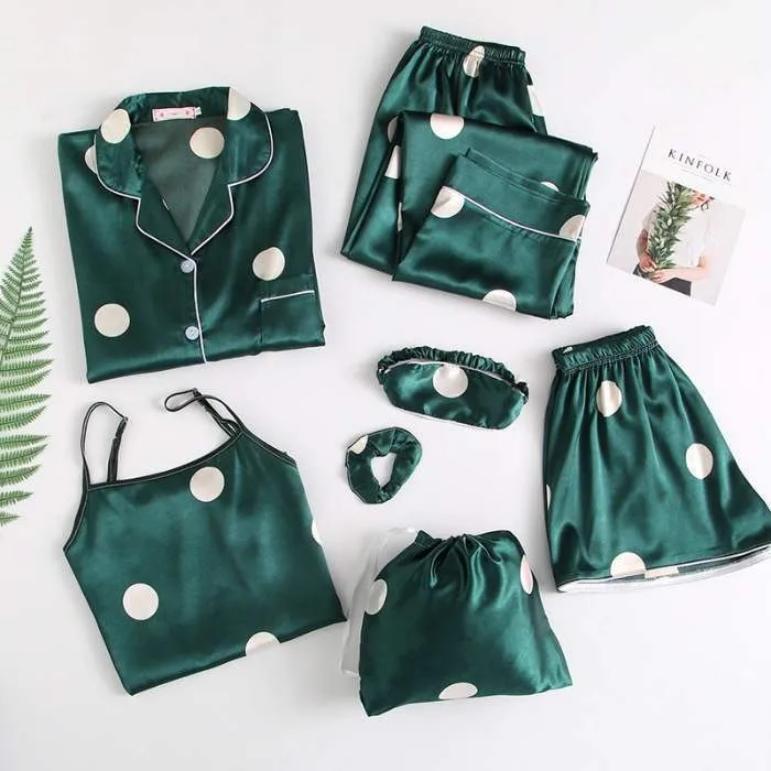 

Модный пижамный комплект в горошек, 7 шт., дышащая атласная шелковая одежда для сна, ночная рубашка, Пижама для дома, 2021, женская одежда для сн...