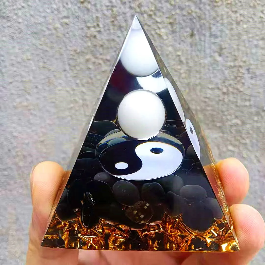 

HANDMADE Orgonite augen pyramid ornament Obsidian resin energy Taiji belief energy tower high frequency healing tower