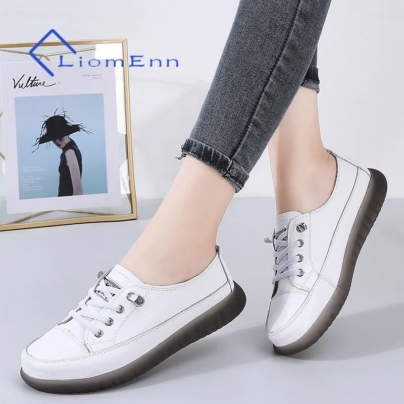 

2021 Ladies Genuine Leather White Sneakers Women Flat Sports Shoe Woman Spring Comfort Vulcanized shoe Tenis Female basket femme