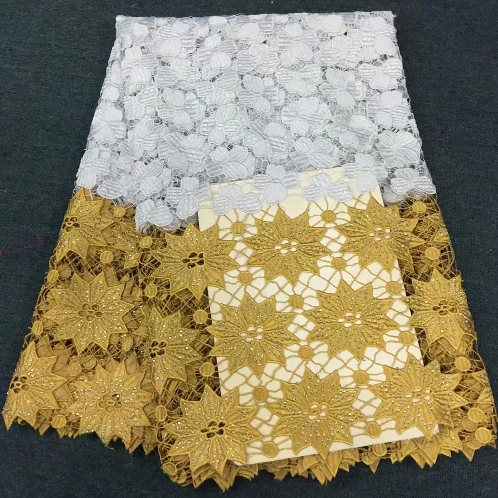 

Factory offers high quality African Guipure cord Lace With heavier stones Fabric For Nigerian2020Party Dresses Yellow