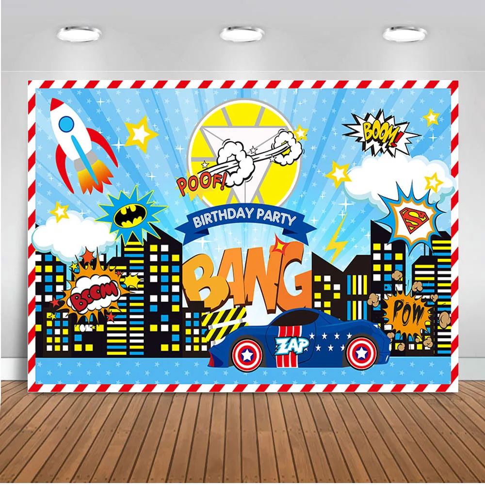 

Фон для фотосъемки с изображением супергероев города, праздвечерние дня рождения, праздника, торта, десерта, украшения стола