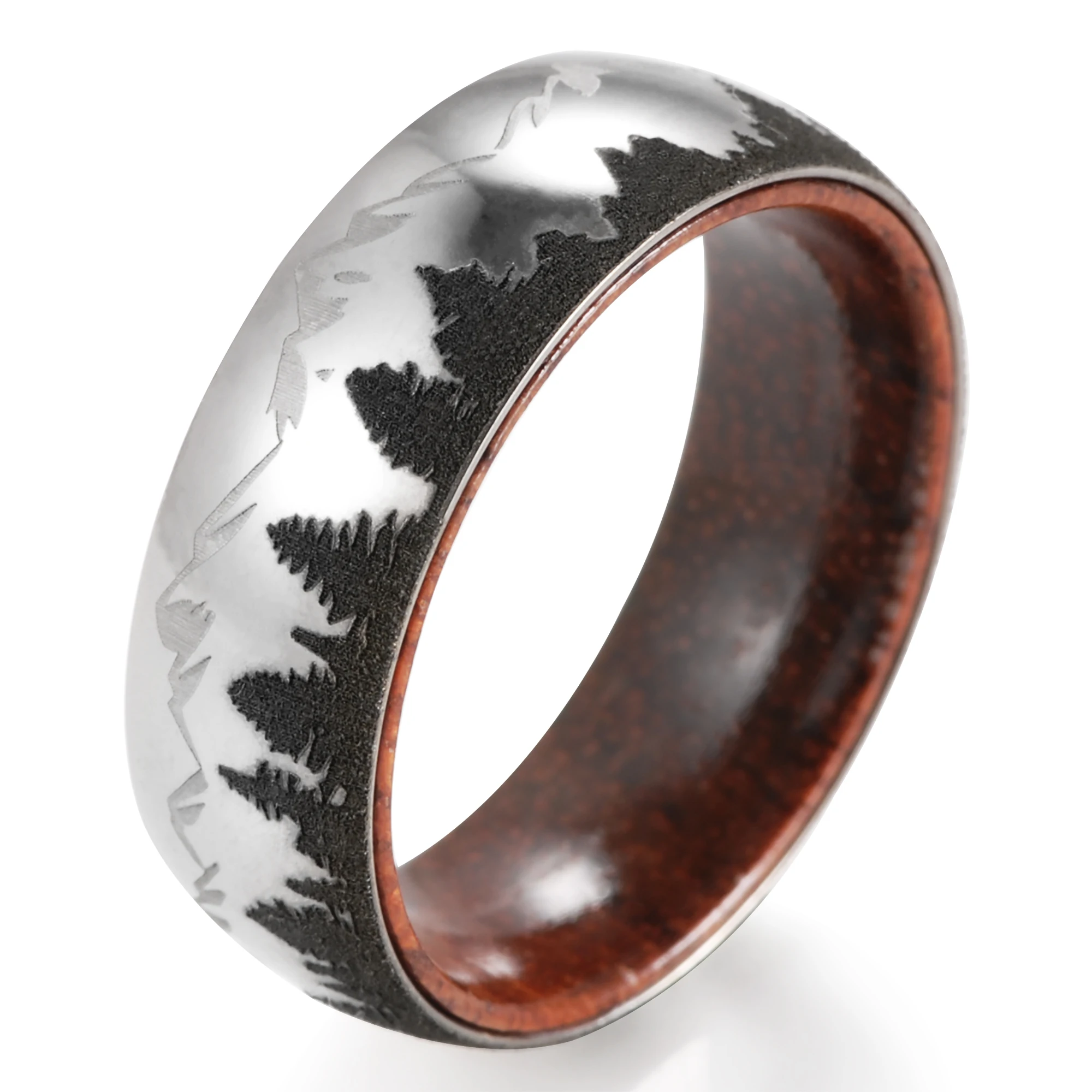 

8mm Forest& Mountains Scene Ring Titanium Wooden Ring Men’s Wedding Band Olive Wooden Ring Pure Titanium Anniversary Ring