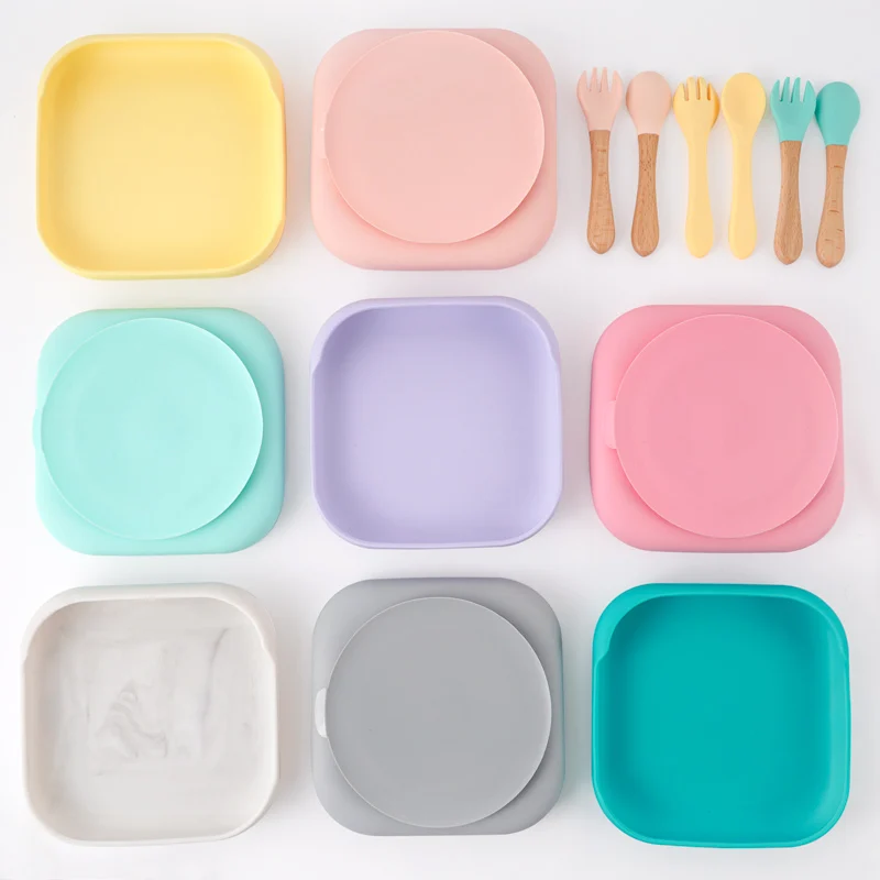 

Силиконовая обеденная тарелка для кормления ребенка, квадратный поднос с присоской, пищевой силикон, водонепроницаемая детская посуда