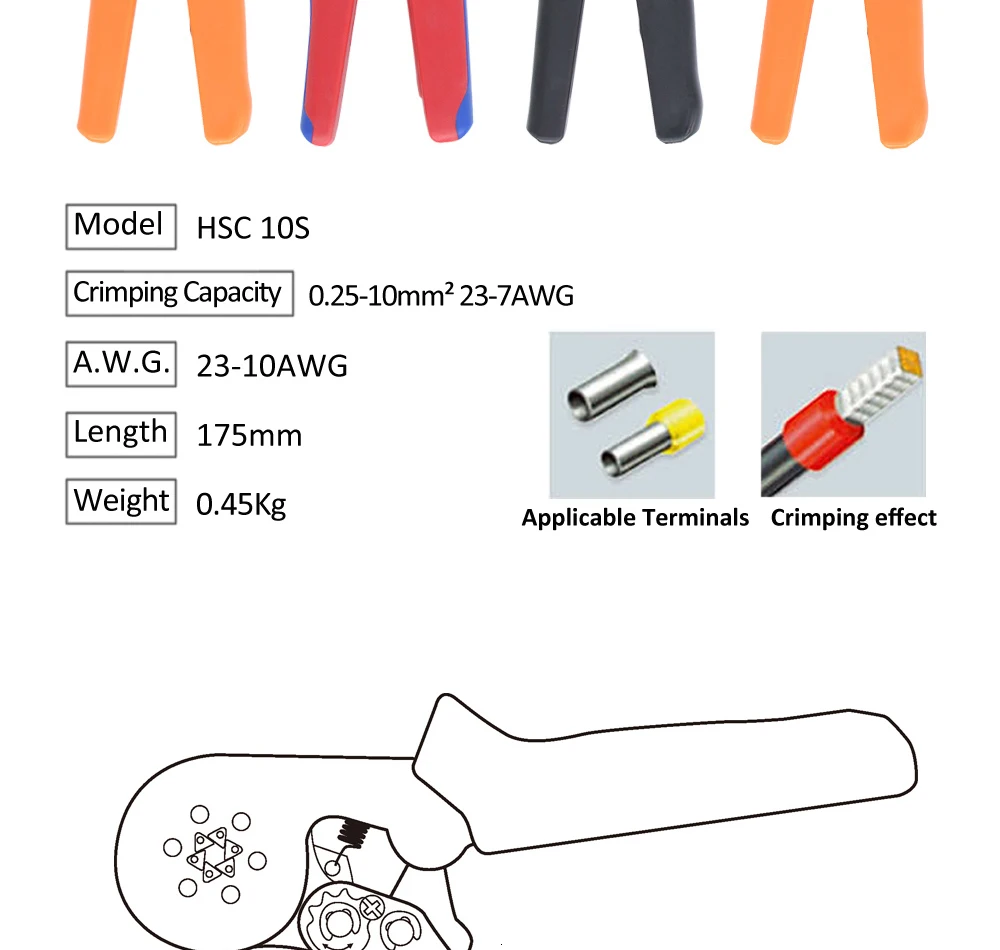 6-6 0.25-6mm 23-10AWG Hexagon& 10S 0.25-10mm 23-7AWG Quadrilateral Tube Bootlace Terminal Crimping Pliers Crimp Hand Tools HSC8