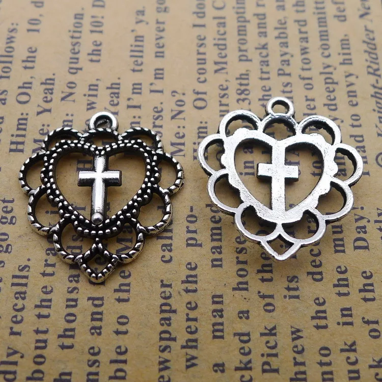 

10 pieces/lot 20*22mm Hollowed-out Love Cross Charm Heart Pendant Bracelet Key chain Antique silver color Metal Accessory DIY