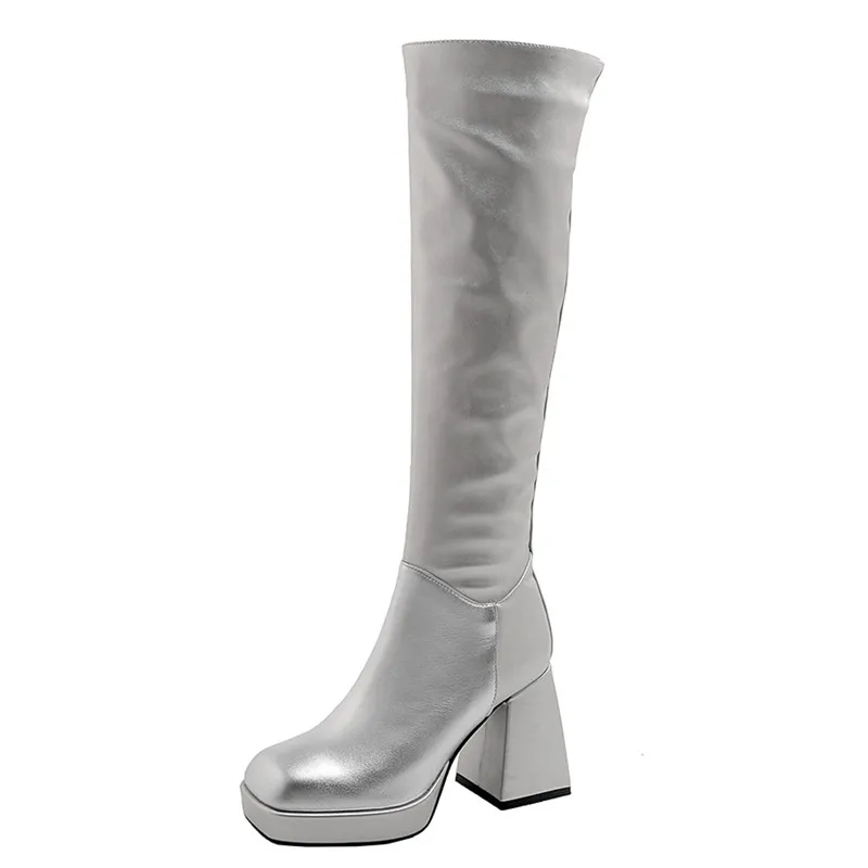 

Western Style Fashion Big-Name Leather Knee-High Women Boots Fall Winter Crude Heel 9cm Ladies Shoes High Quality Big Size 34-43