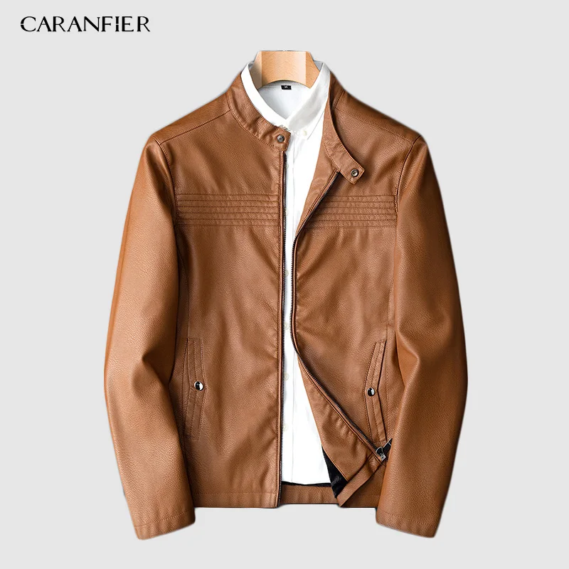Модные зимние мужские куртки CARANFIER из искусственной кожи пальто мотоциклетная