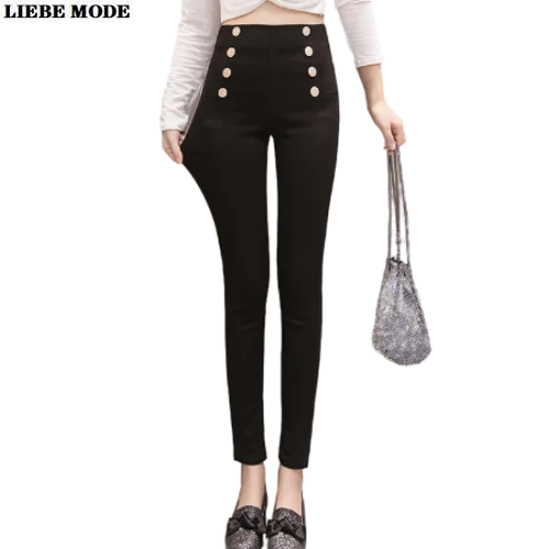 Брюки карандаш женские с высокой талией облегающие черные леггинсы карманами