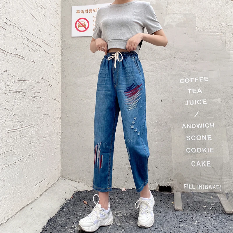 

2021 Women Embroidery Pantalon Hole Jeans Fashion Y2K High Waist Office Lady Denim Harem Pants Female Streetpants Clothes P024