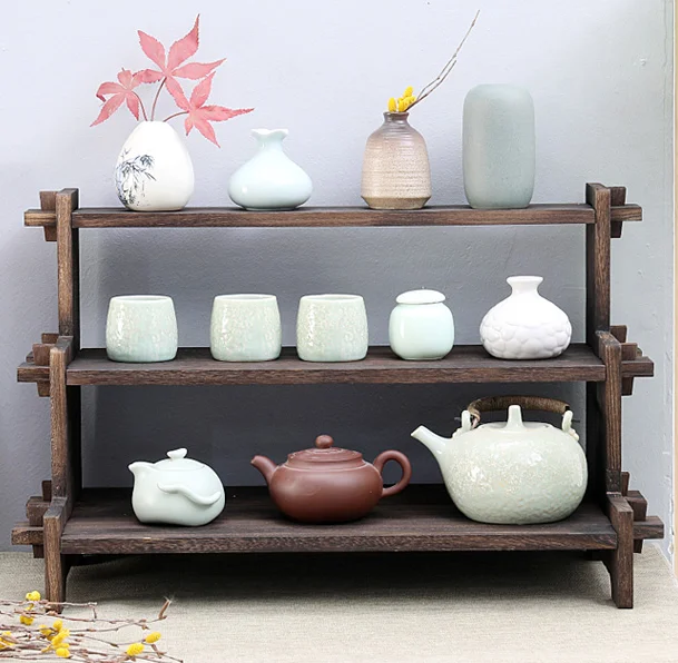 

Solid Wood Antique-and-curio Shelves Tea Pot Holder Ingenuity Retro Elegant Natural Teapot Cup Support