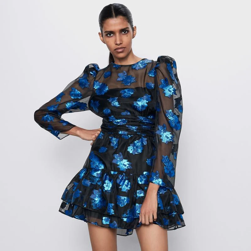 Женское платье с круглым вырезом AGong элегантное мини из органзы цветочным