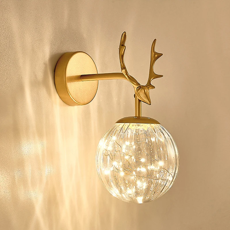 

Nordic Bedside Lamp Wall Sconce Gold Interior Living Room Wall Lights for Home Glass Lampshade Antlers Design LED Lamps Wall