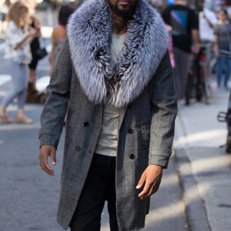 

Mandylandy Big Fur Collar Men's Long Wool Coat Outwear Long Section Long Sleeve Black Long Blends Coat Fashion Autumn Jackets
