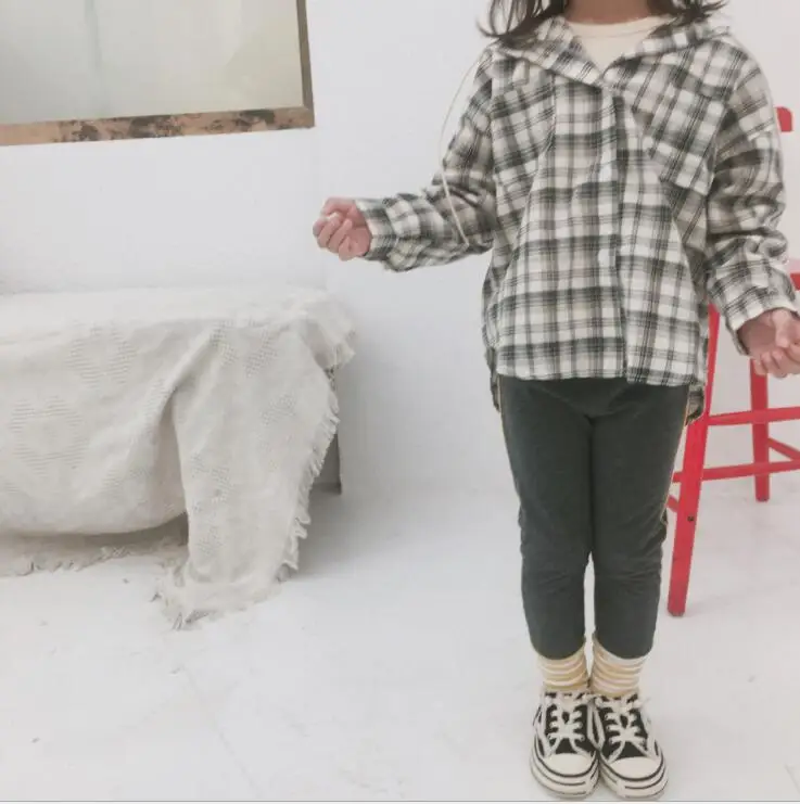 New Girls Boys Plaid Shirt Cotton Full Sleeve Autumn Fashion Kids Hooded Top 2-7t PZ586