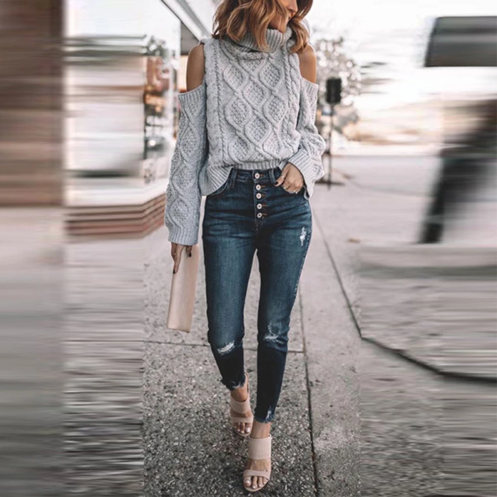 Women Turtleneck Sweater Sexy Off Shoulder Solid Color Knitted Sweaters Fall and Winter Hollow Out Long Sleeve Pullover Tops | Женская