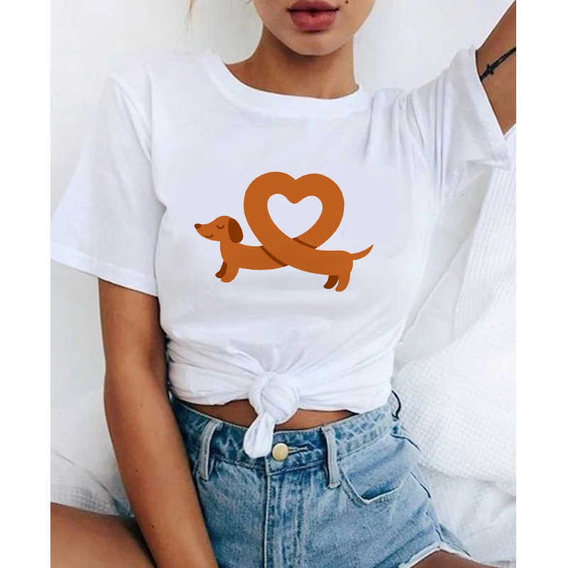 

2021 Summer Cute Sausage Dog T-Shirt Women Funny Dog Graphic Tops Female Tee Harajuku Oversized Girl Short Sleeve White Tshirts