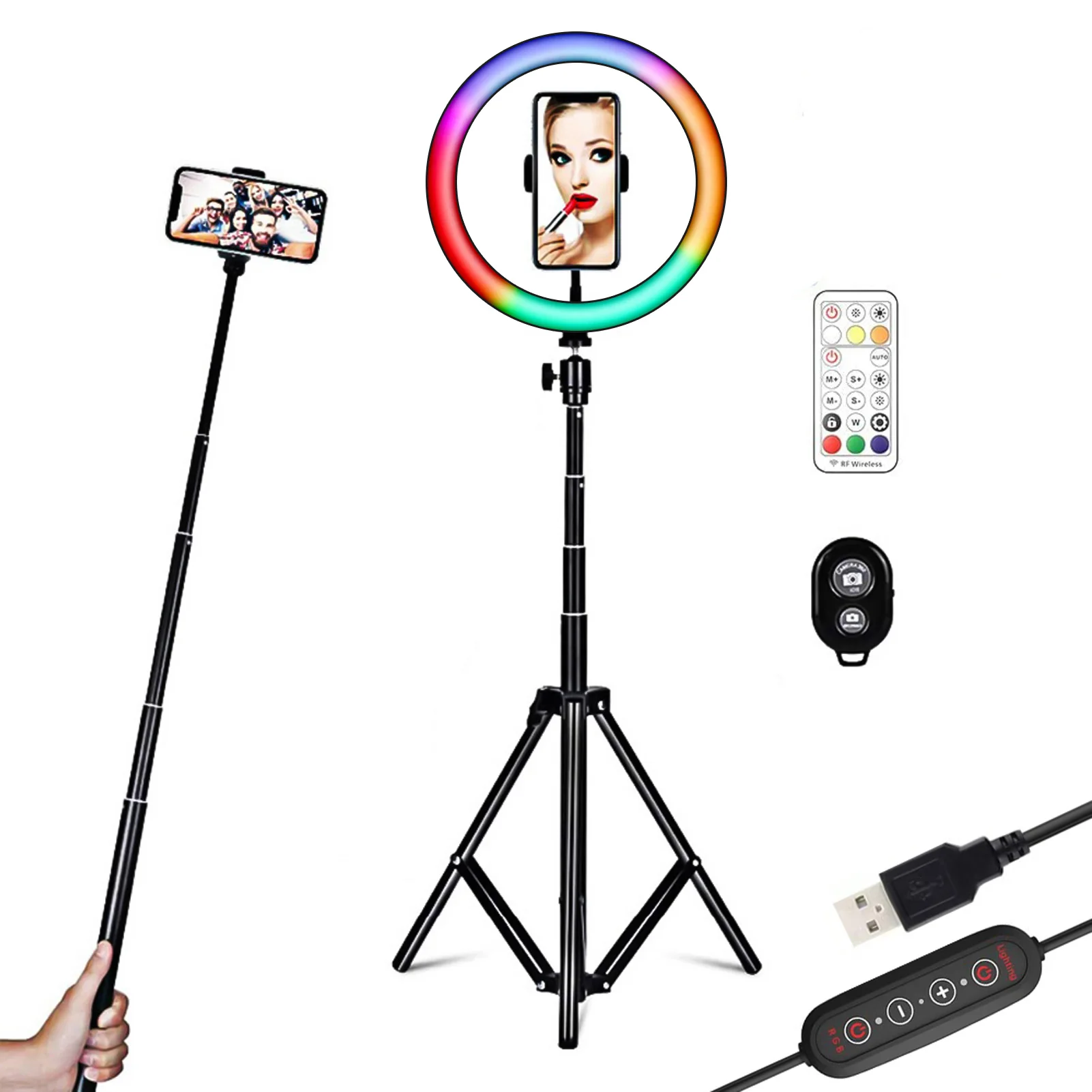 

20 см/26 см цветная (RGB) кольцевой светильник светодиодный заполняющий светильник с регулируемой яркостью, питаемые через USB порт со штативом с...