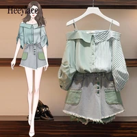 plus size 2020 summer women two piece set casual patchwork single breasted tops cowboy shorts skirt tassel button 2 piece set