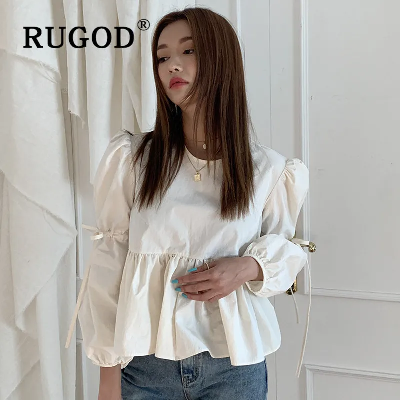 RUGOD ins, модная однотонная женская блузка, Корейская, с пышными рукавами, с открытой спиной, на шнуровке, женская осенняя одежда, повседневные, с оборками, милые топы, femme
