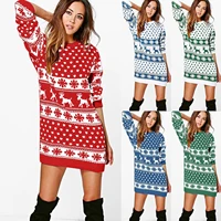 european and american new autumn and winter womens clothing new christmas printing round neck long sleeved dress mini dress
