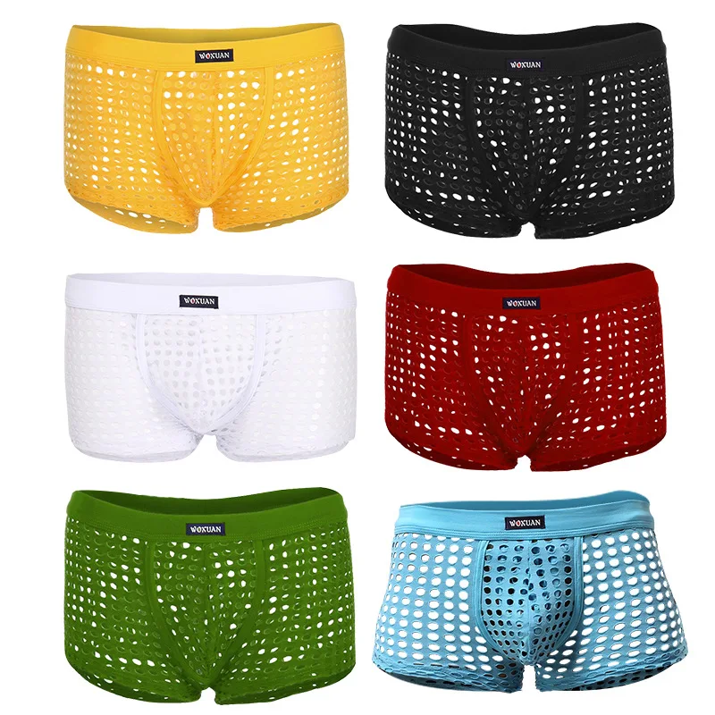 Wholesale 6pcs/pack Mens Soft Underwear Lingerie Sexy Penis Pouch Boxer Shorts Trunks Solid Color Males Hollow Cueca Underpants