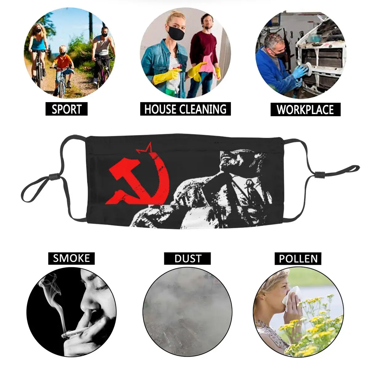 

LENIN-RED STAR Vladimir Soviet Non Disposable Printed Mouth Face Mask Anti Haze Dustproof Earloop Protection Cover Muffle