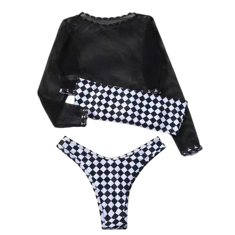 

Sexy Bikinis Women Swimsuit Long Sleeve Bandeau Bikinis Set Print Swimwear Plaid Bathing Suit Female Mesh Beachwear Biquinis