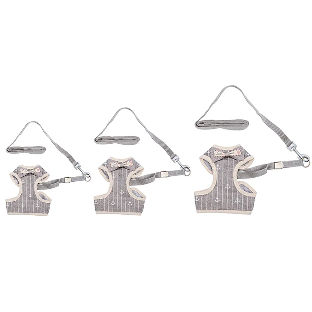 

3 Sizes Dog Cloth Vest Harness Traction No Pull Rope Adjustable Small Dog Pet Puppies Chest Harness Set With Bow Tie Gray