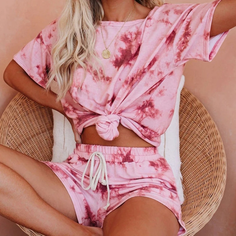 

Casual Tie Dye Two Piece Set Women Tracksuit Fashion Summer Top And Biker Shorts Matching Sets Outfits Sportswear New