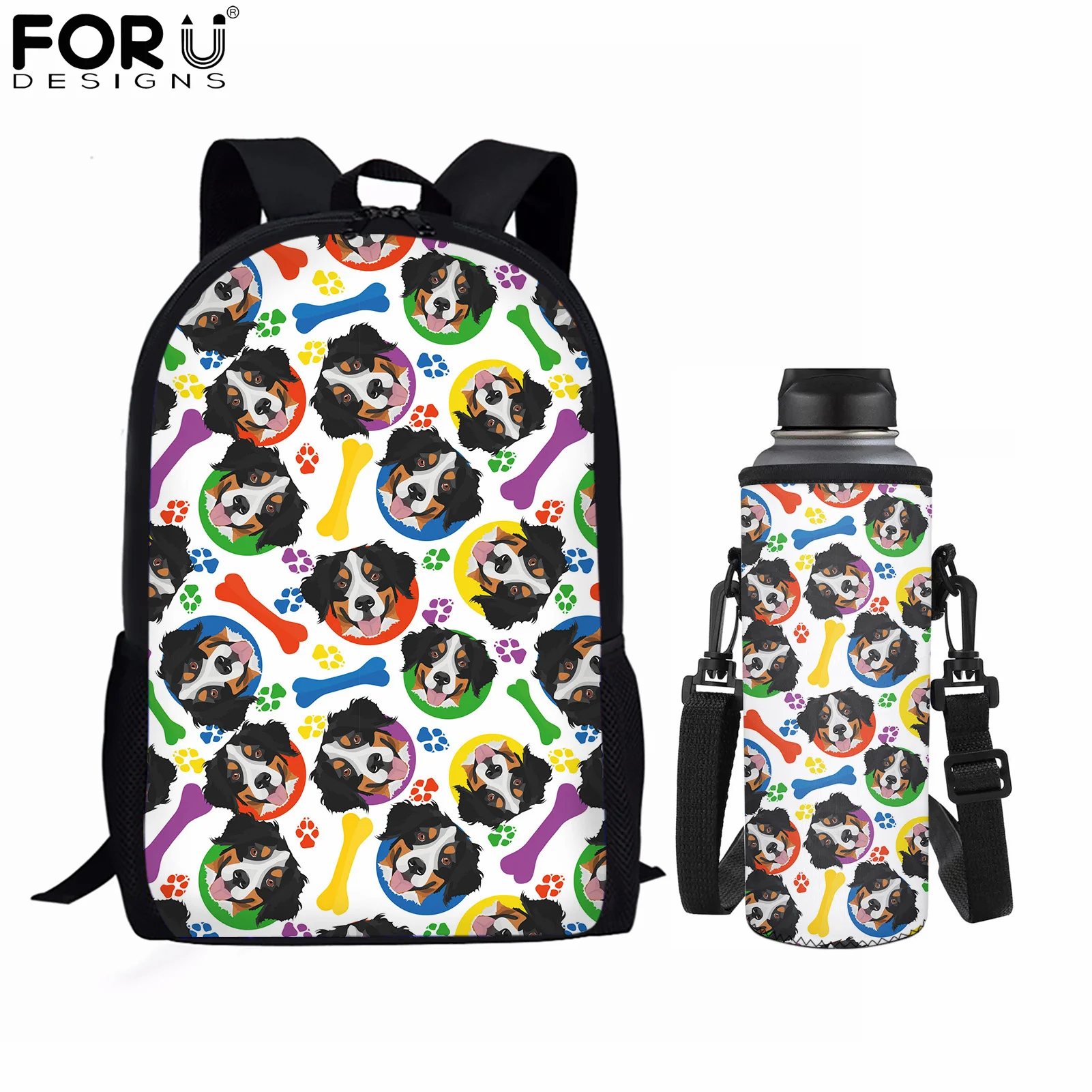 

FORUDESIGNS Children's Schoolbags Set 3D Cute Dog Color Bone Print Backpacks Water Bottle Case Large Capacity Bookbag Cup Covers