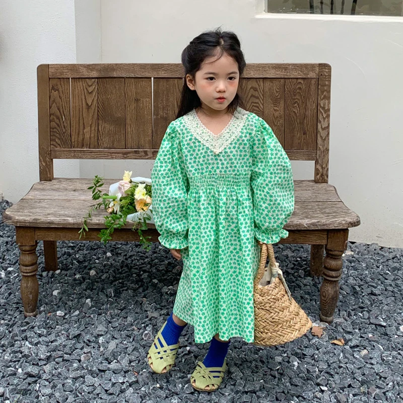 

Spring Autumn Girls Dress Baby Dress Kids Dress Children Clothes Lace Collar Green Floral Print Ruched Pleated Waist 2-6Y