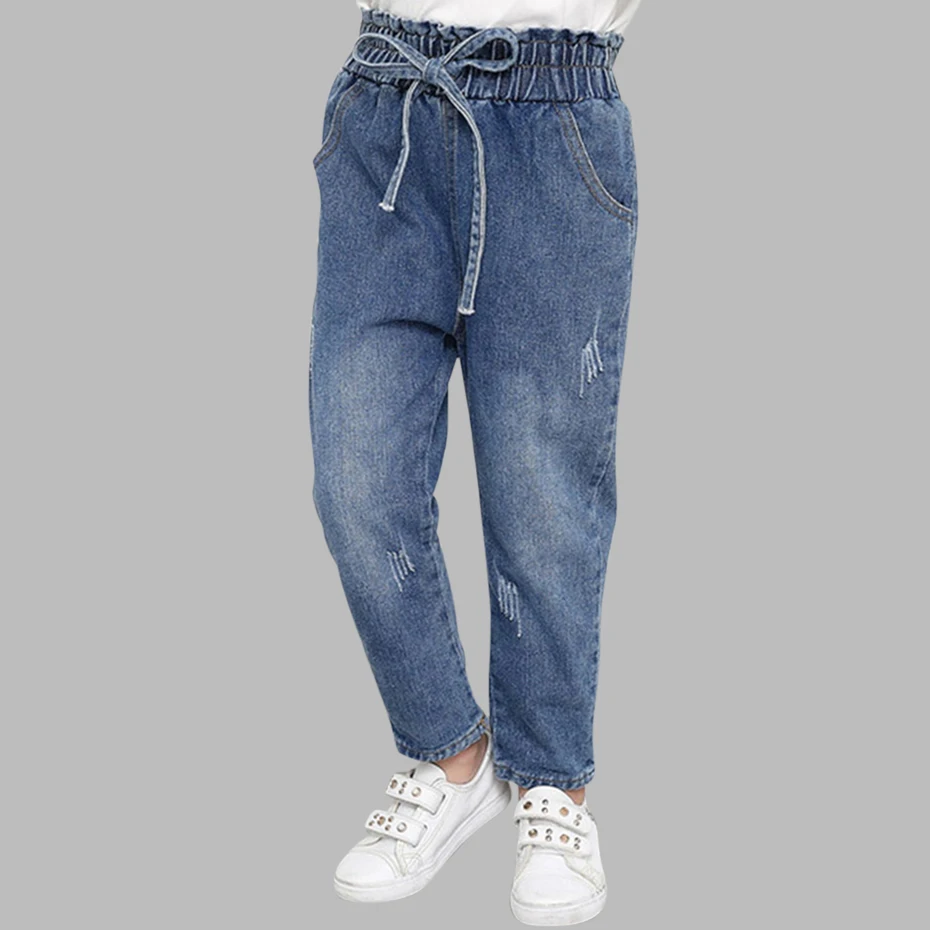 Джинсы модные рваные джинсы для девочек детские с высокой талией и бантом