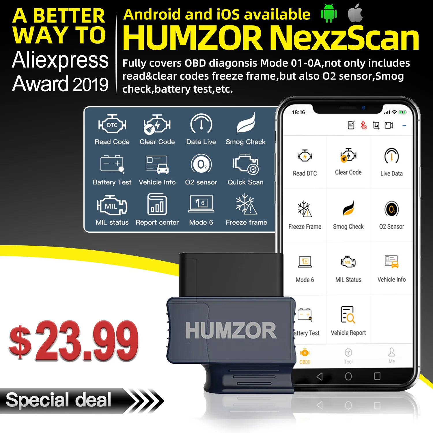 HUMZOR NexzScan OBD2 сканер автомобильный считыватель кодов Bluetooth 4,2 диагностический инструмент для iPhone, iPad и Android PK Bluedriver OBDLink