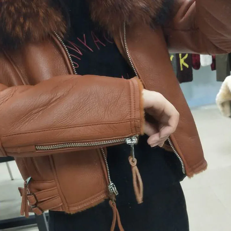 genuine leather jacket women coat winter sheepskin coats wool parka real oversized raccoon dog fur collar | Женская одежда