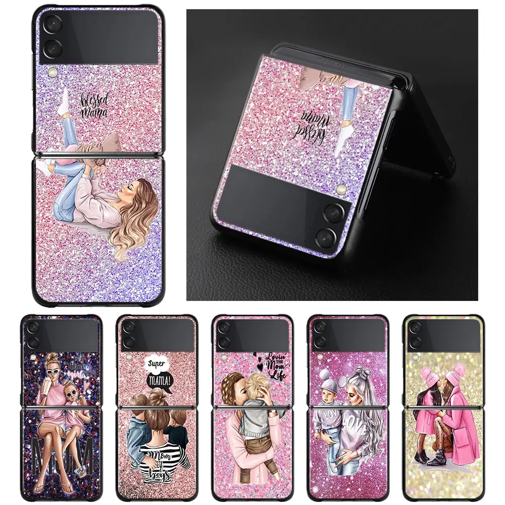 

Black Phone Case For Samsung Galaxy Z Flip3 5G Z Flip Hard PC Cover Smartphone Shining Gold Baby Mom Girl
