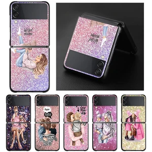 Black Phone Case For Samsung Galaxy Z Flip3 5G Z Flip Hard PC Cover Smartphone Shining Gold Baby Mom Girl