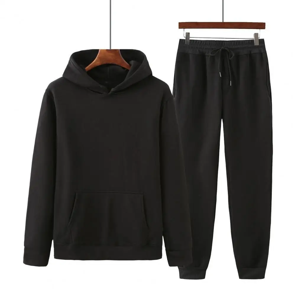 

Solid Color Casual Men Hooded Sportswear Suit Two Piece Unisex Long Sleeve Sweatshirt Elastic Waist Pants Set Streetwear