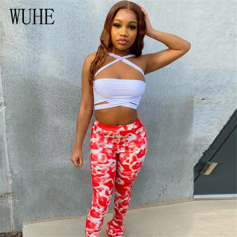 

WUHE Colorful Print Two Piece Cross Halter Off Shoulder Sleeveless Tanks Top +Skinny Stacked Pleated Pants Club Casual Outfits