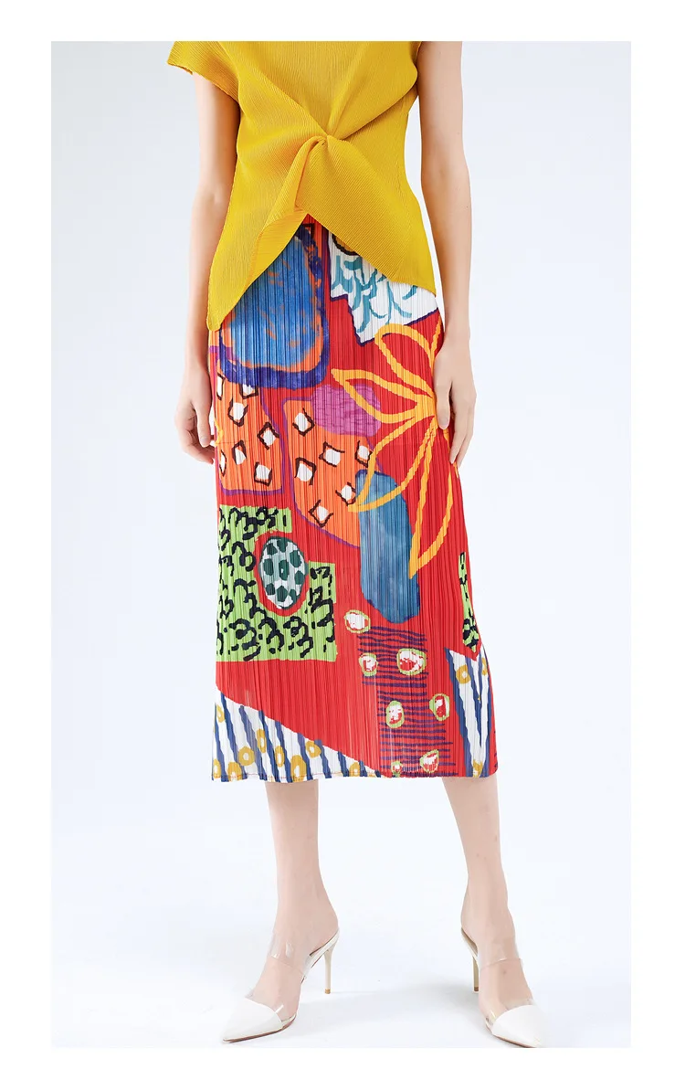 HOT SELLING  Miyake fold fashion Summer new products Geometric abstract print Straight skirt IN STOCK