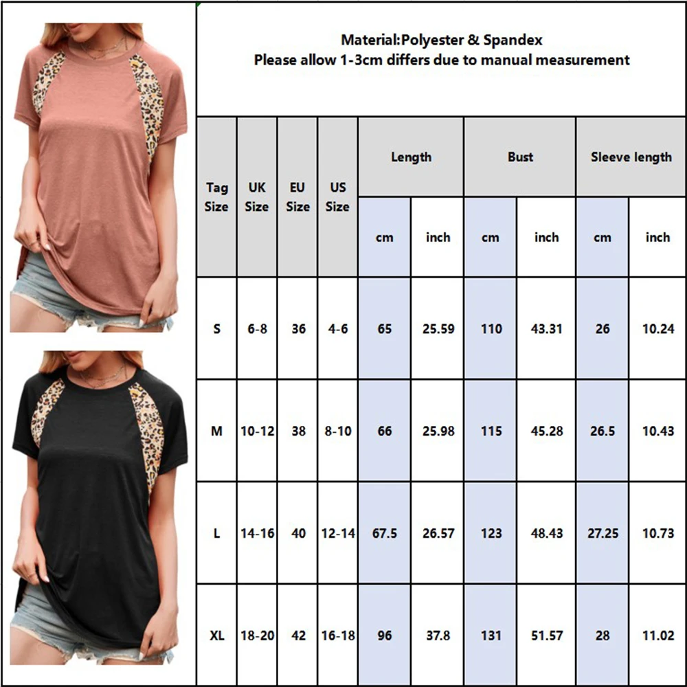 

Sales Women's Leopard Print Stitching T-shirt Round Neck Short-Sleeved Solid Color Tees Ladies Loose Breathable Basic Tees D30