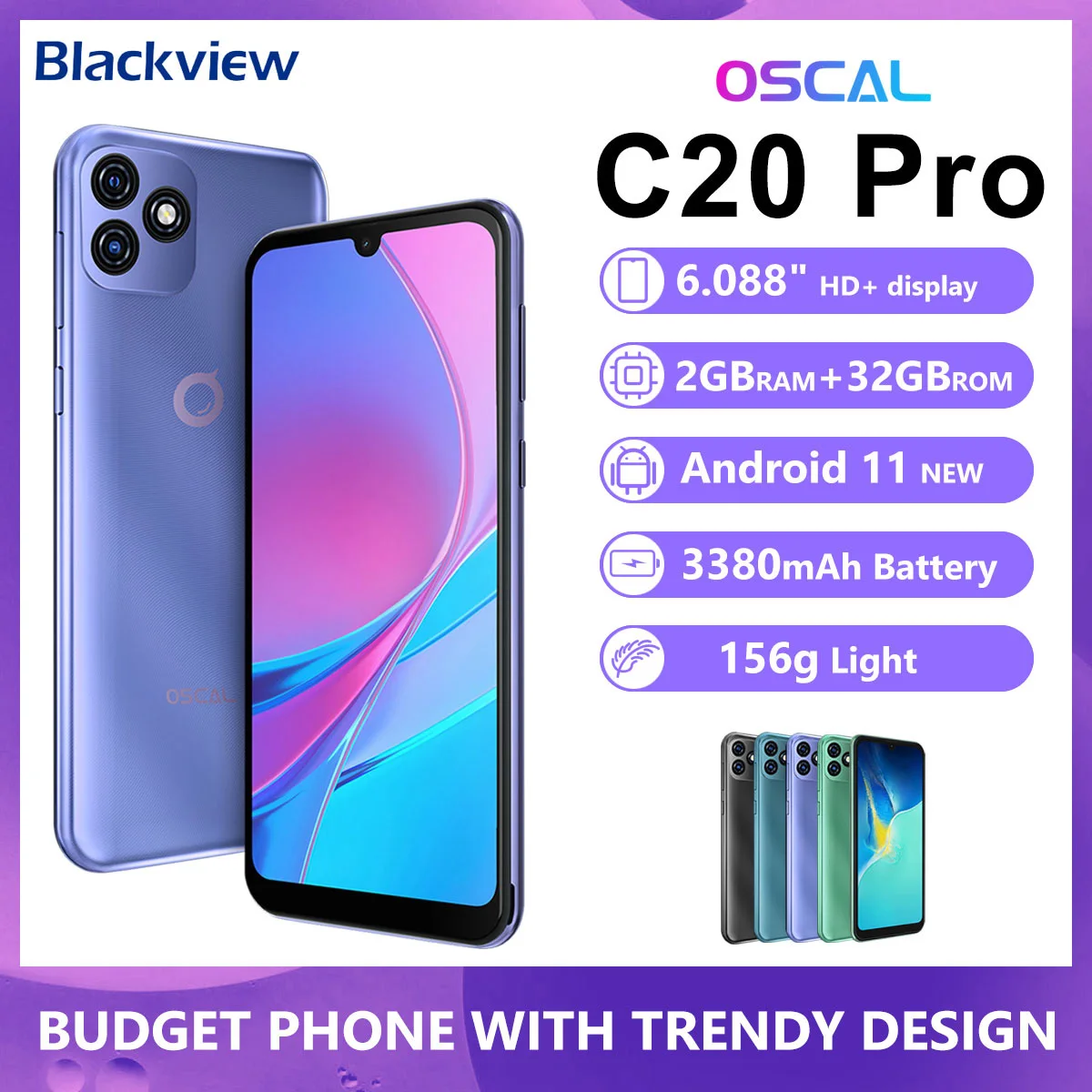 

BLACKVIEW OSCAL C20 Pro Smartphone 2GB RAM 32GB ROM Octa Core 6.088" Cellphone 3380mAh Dual Camera Android 11 Mobile Celular