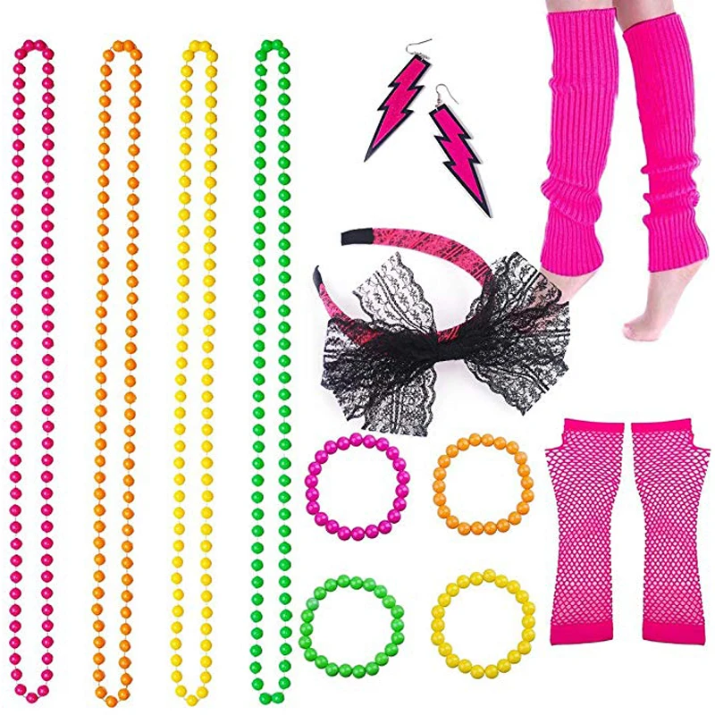 

Cosplay Costumes Halloween 80s Fancy Dress Accessories Neon Necklace Bracelet Earrings Fishnet Gloves Leg Warmers Headband