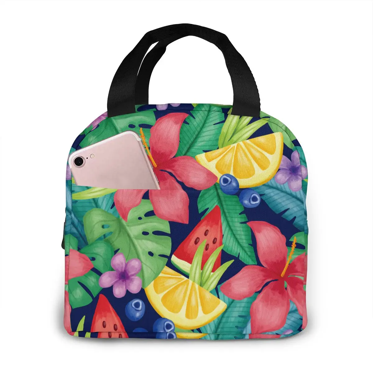 

Summer Tropical Leaves Fruits Cooler Bag Portable Zipper Thermal Lunch Bag Convenient Lunch Box Tote Food Bag