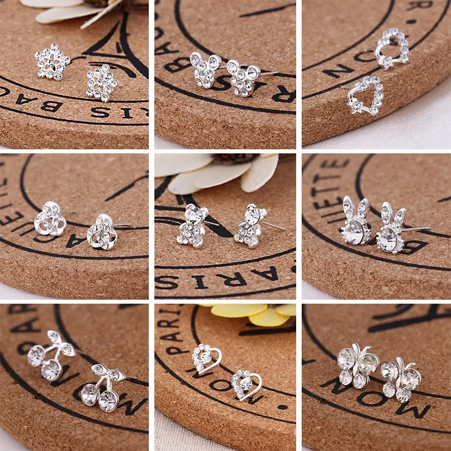 

Trendy Clear Crystal Earrings for Women Girls Cute Mouse Rabbit Butterfly Stud Earrings White Gold Color Party Jewelry Gifts