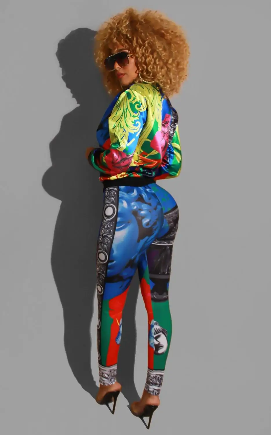 Yooneedi 2019 Novelty Fashion Design 2pcs Women Set Color Print O-neck Zip Full Sleeve Tops Long Pants Tracksuits YC1952 | Женская